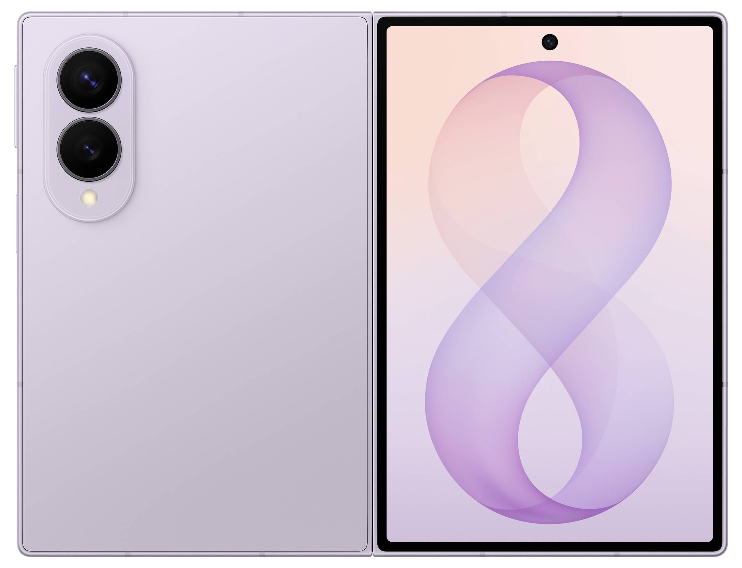 Vorder- und Rückansicht eines lavendelfarben faltbaren Smartphones mit dualen Rückkameras und großem Display mit Pastellzahlen-8-Hintergrund.
