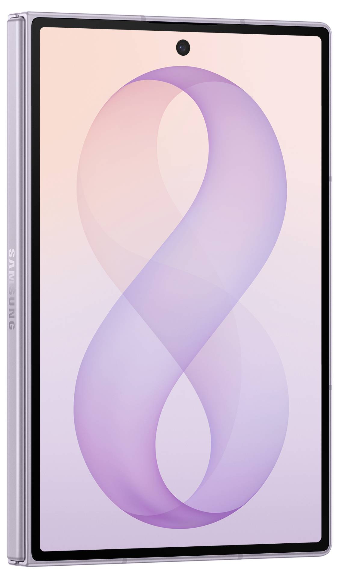 Samsung Galaxy Z Fold-ähnliches faltbares Smartphone geöffnet, mit rosa-violettem Gradient Infinity Loop Wallpaper und zentrierter Loch-Stanzfront-Kamera.