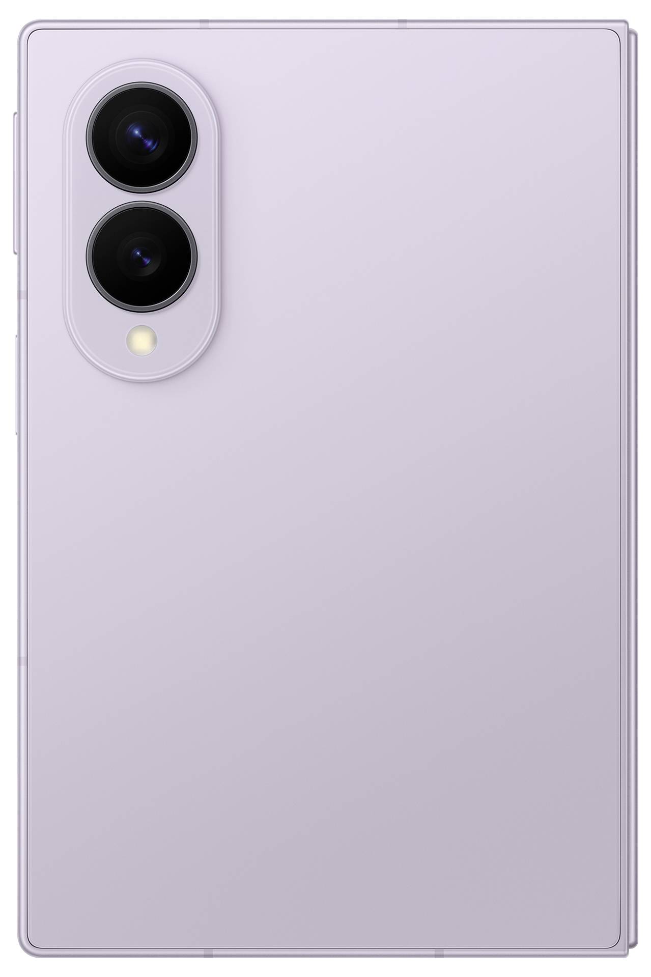 Lavendel-Smartphone aus der Rückansicht mit Dual-Rückkameras und Blitz in einem vertikalen Kameramodul.