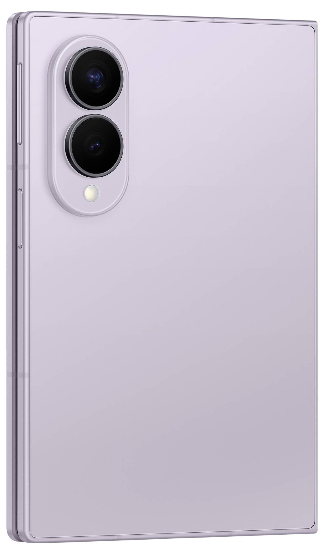 Rückseite eines lavendelfarbenen Smartphones mit zwei großen Rückkameras in einem vertikalen Modul und einem kleinen Blitz darunter.
