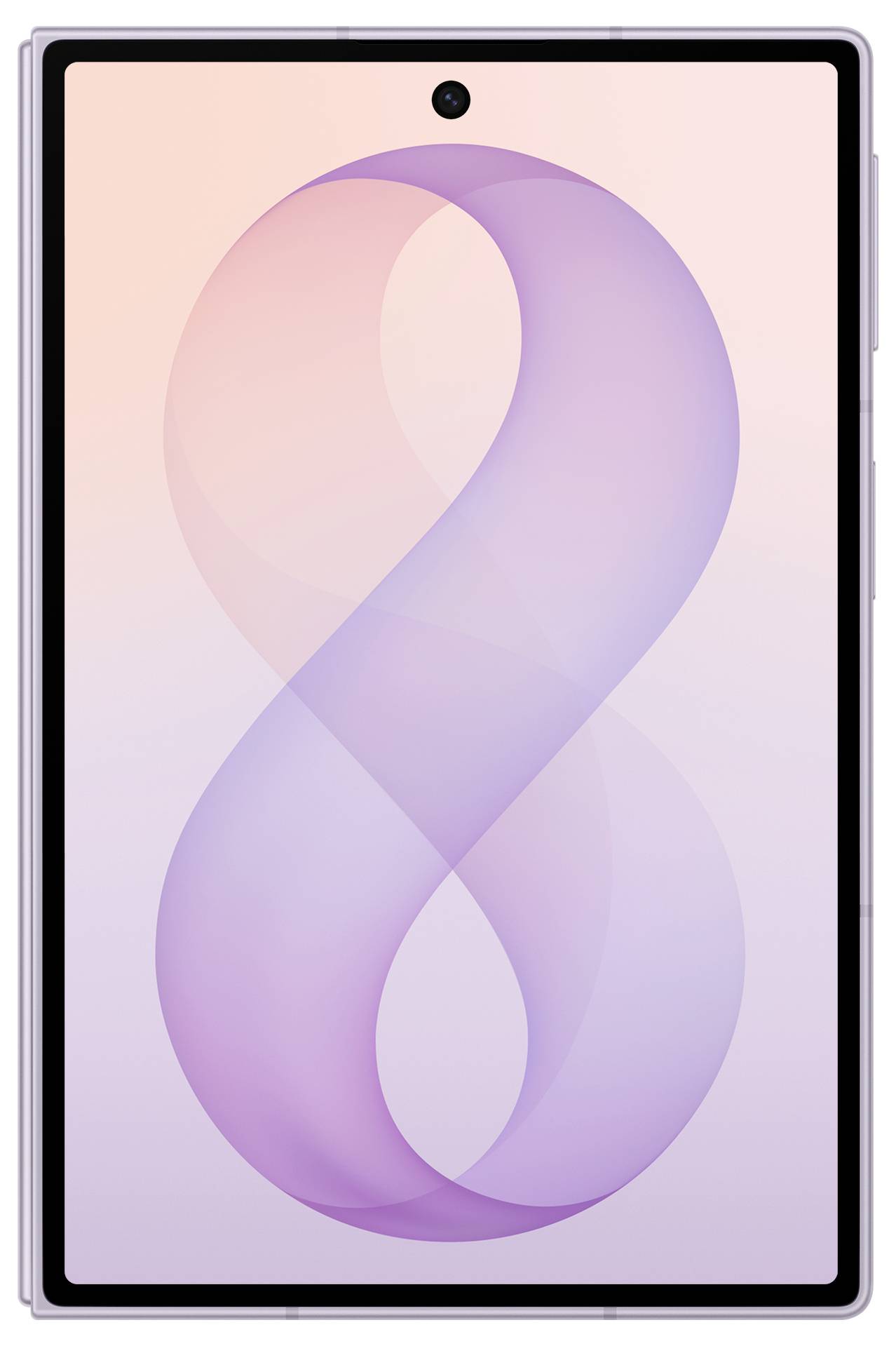 Vorderansicht eines Tablets mit schwarzem Rahmen und zentriertem Kameraloch, das eine pastellrosa bis violette abstrakte Schleife als Hintergrundbild zeigt.