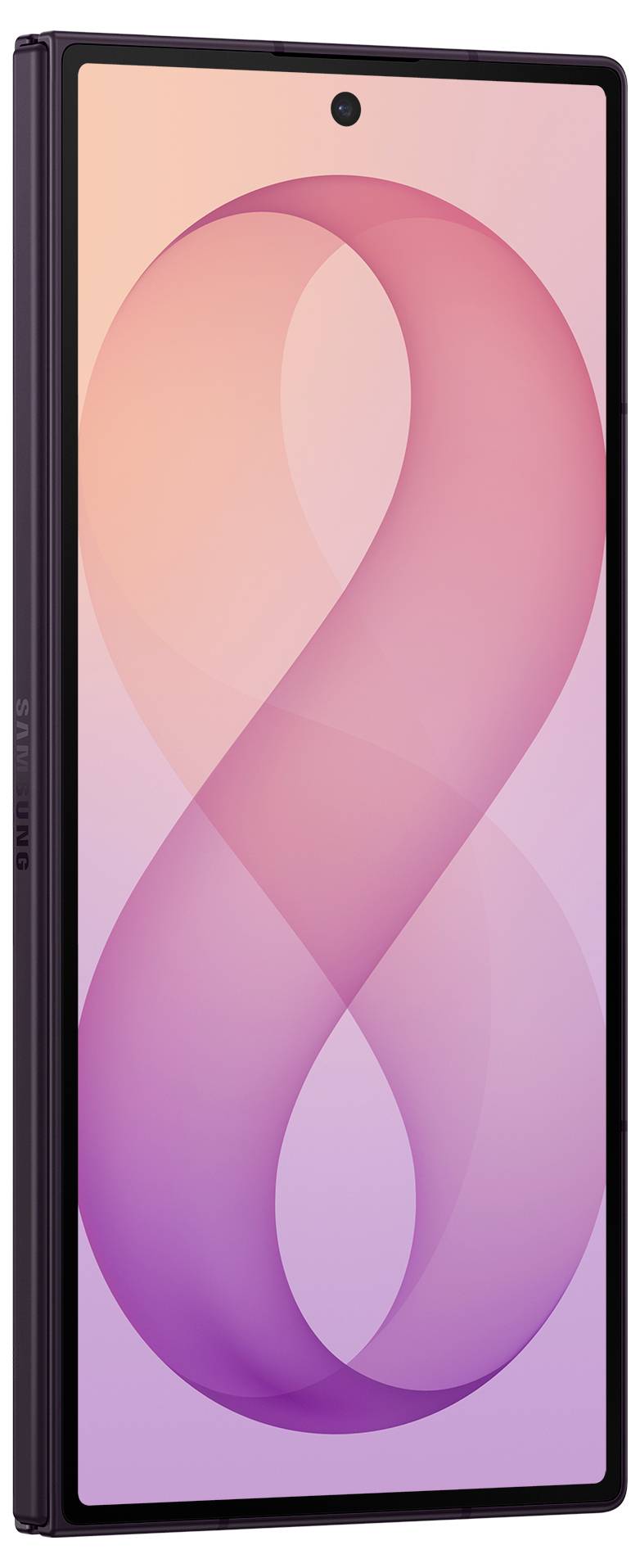 Vorderansicht eines rosa und lila Tablets mit einer bandförmigen Tapete auf dem Bildschirm, gezeigt in einer schwarzen Hülle.