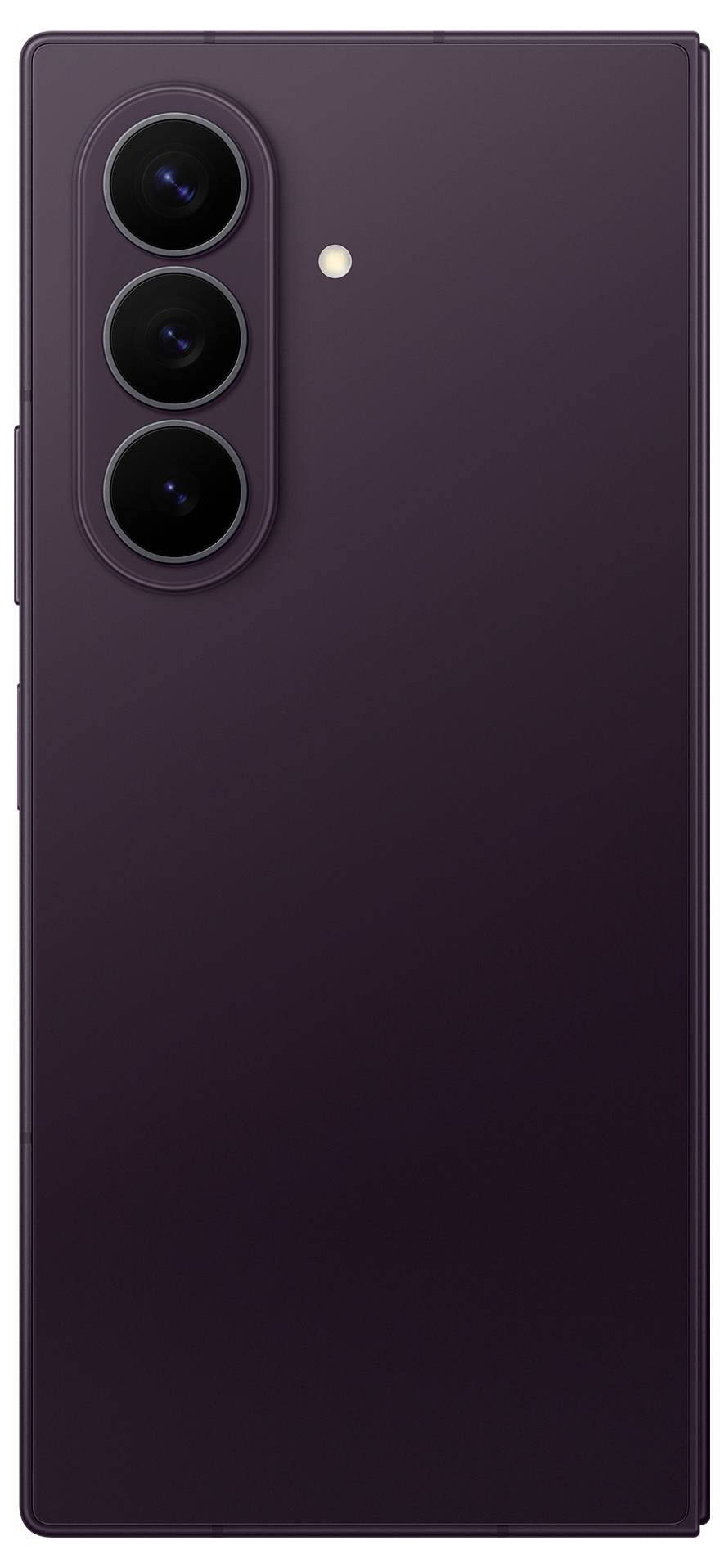 Rückseite eines dunkelvioletten Smartphones mit drei vertikal angeordneten Rückfahrkameras und einem Blitz oben links.