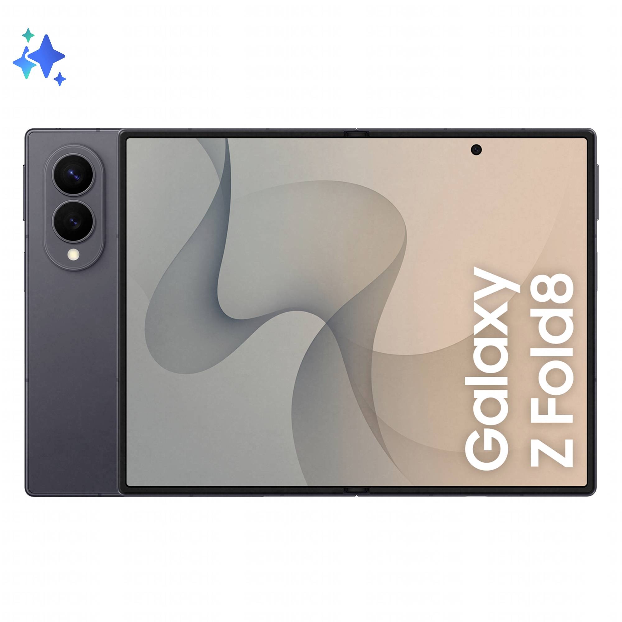 Samsung Galaxy Z Fold8 Falthandy geöffnet mit großem internem Display und dualem Kameramodul auf der Rückseite, beschriftet mit „Galaxy Z Fold8".