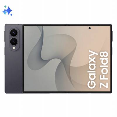 Samsung Galaxy Z Fold8 Falthandy geöffnet mit großem internem Display und dualem Kameramodul auf der Rückseite, beschriftet mit „Galaxy Z Fold8".