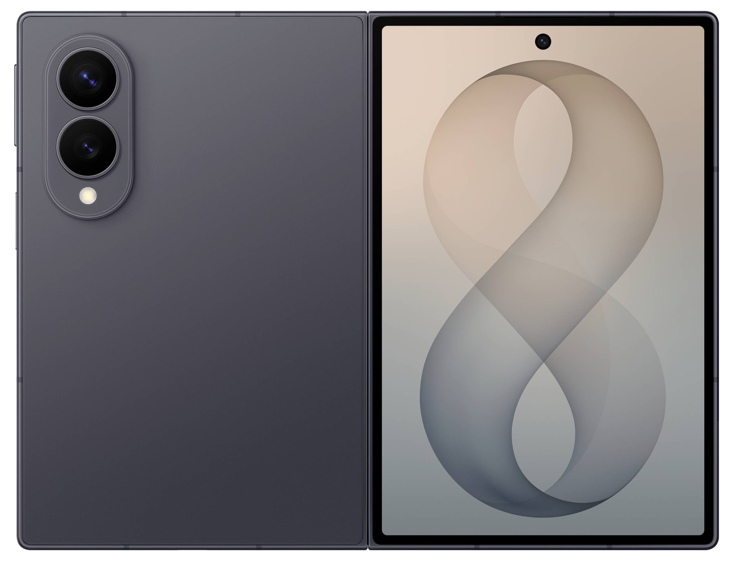 Klappbares Smartphone, das im geöffneten Tabletmodus angezeigt wird, mit zwei rückwärtigen Kameras auf dem linken Rückpanel und einem großen Frontdisplay auf der rechten Seite, das eine stilisierte Nummer 8 anzeigt.