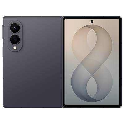 Klappbares Smartphone, das im geöffneten Tabletmodus angezeigt wird, mit zwei rückwärtigen Kameras auf dem linken Rückpanel und einem großen Frontdisplay auf der rechten Seite, das eine stilisierte Nummer 8 anzeigt.