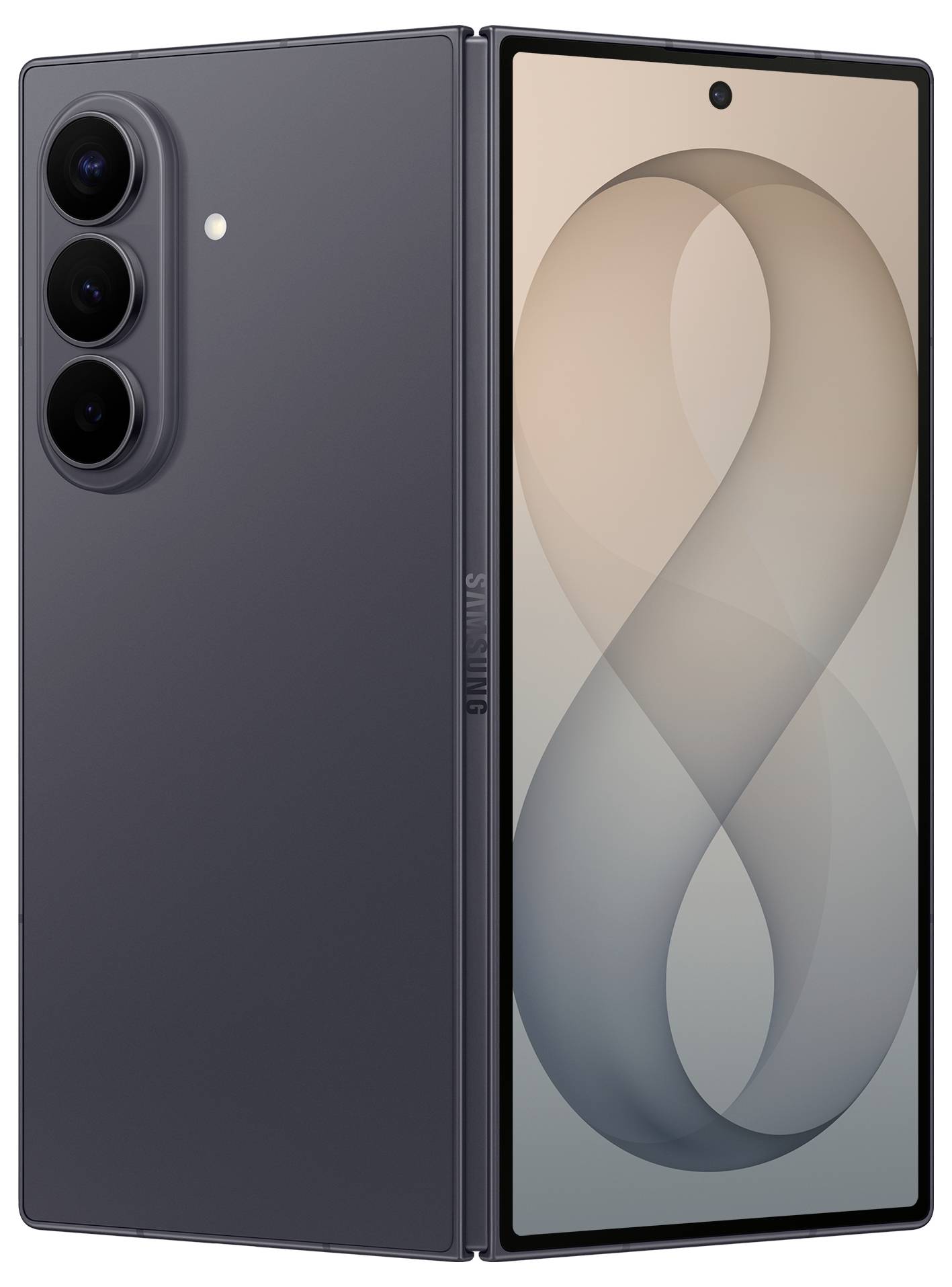 Faltbares Smartphone aufgeklappt gezeigt, mit einer dunkelgrauen Rückseite mit dreifacher Rückfahrtkamera und einem großen inneren Display mit einer weichen abstrakten Tapete.