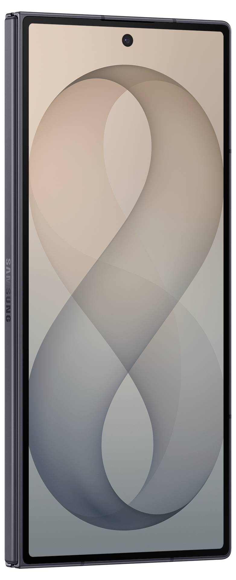 Ein schwarzes Smartphone in Vorderansicht mit beige-grauem abstraktem Hintergrund und zentrierter Lochstanze-Kamera.