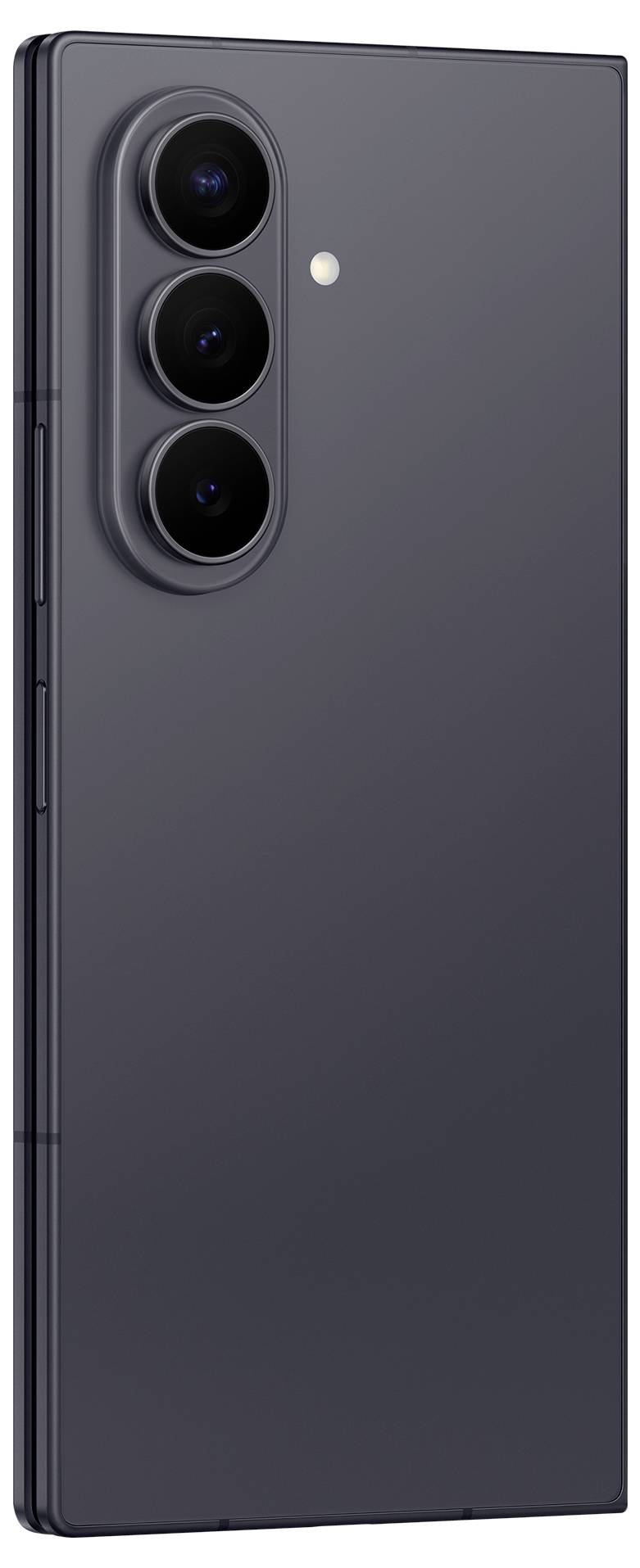 Rückseite eines dunkelgrauen Smartphones mit drei vertikal ausgerichteten Rückkameras und einem kleinen Blitz.