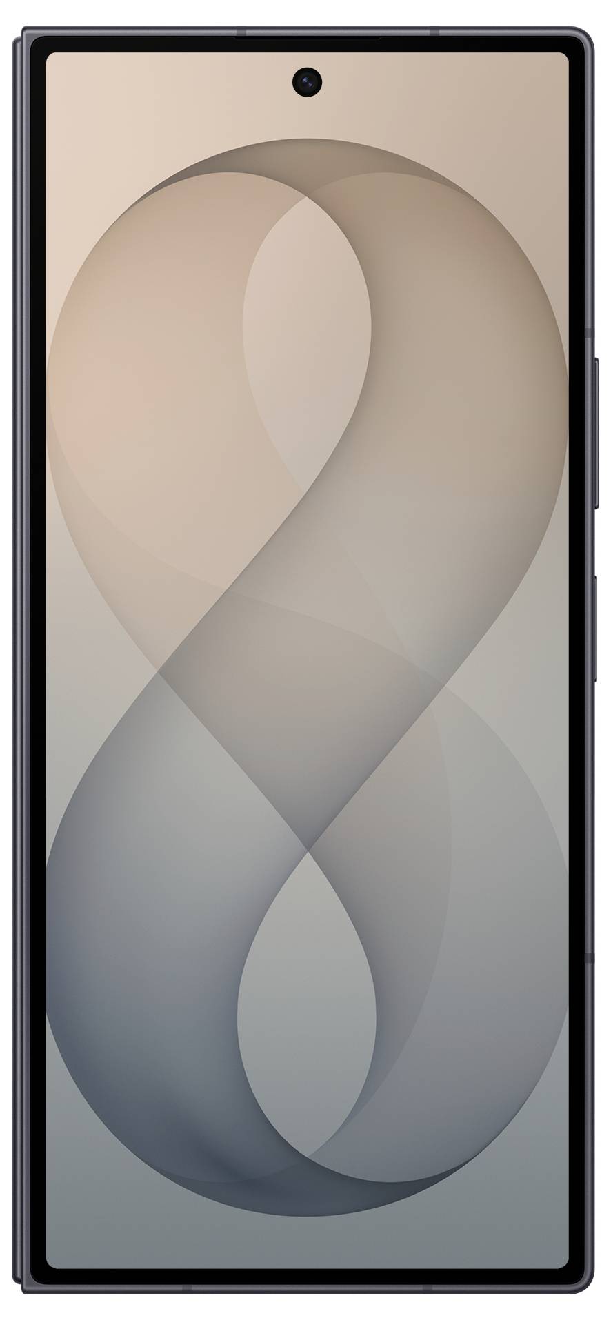 Vorderansicht eines Smartphones mit einem beige-grauen abstrakten Schleifen-Hintergrundbild und einer zentrierten Lochkamera oben.