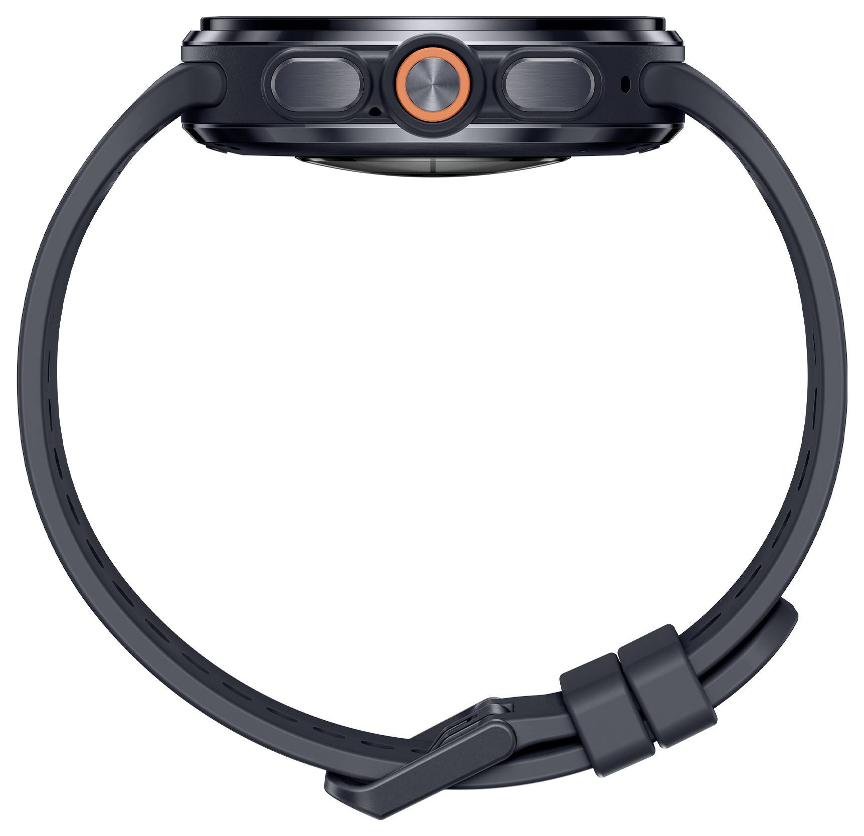 Seitenansicht einer schwarzen Smartwatch mit einer runden, orange akzentuierten Krone und geschlossenem Silikonarmband auf weißem Hintergrund.