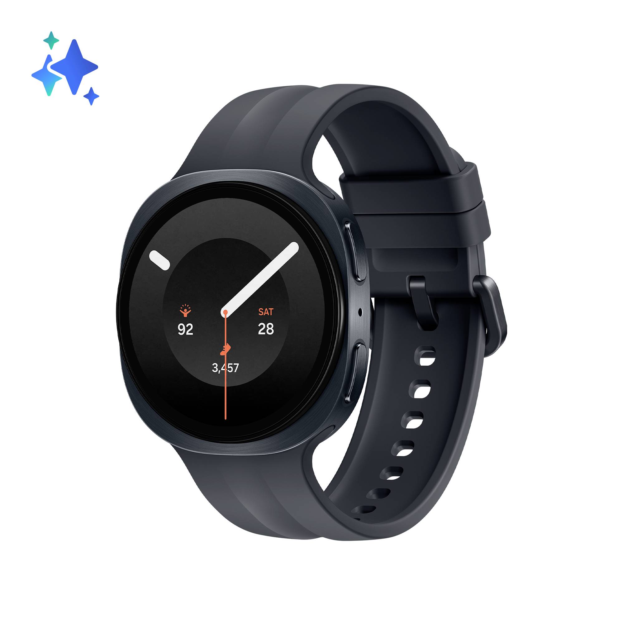 Schwarze runde Smartwatch mit dunklem Armband, zeigt ein Zifferblatt im Analogstil mit Schritt- und Datumsindikatoren auf weißem Hintergrund.