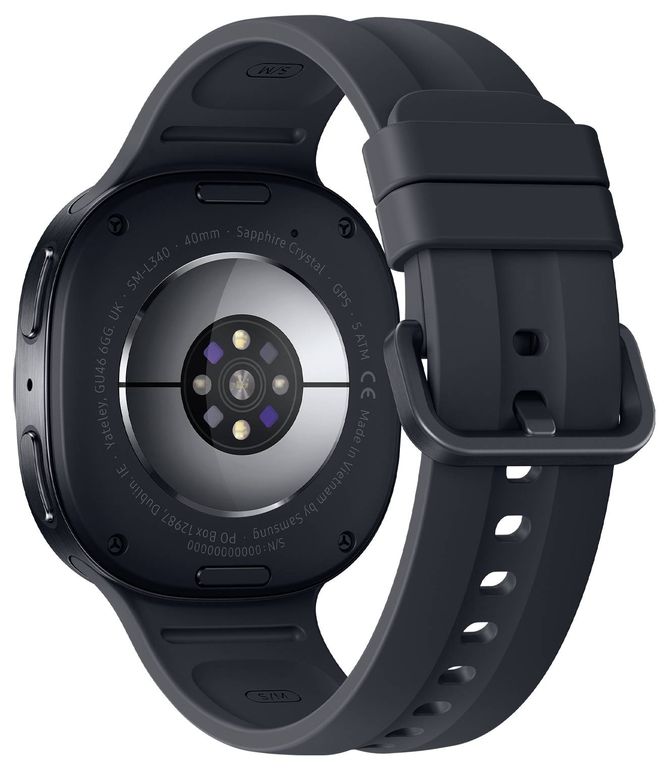 Schwarze Samsung-Smartwatch von hinten gezeigt, mit rundem Sensormodul und verstellbarem Silikonarmband.