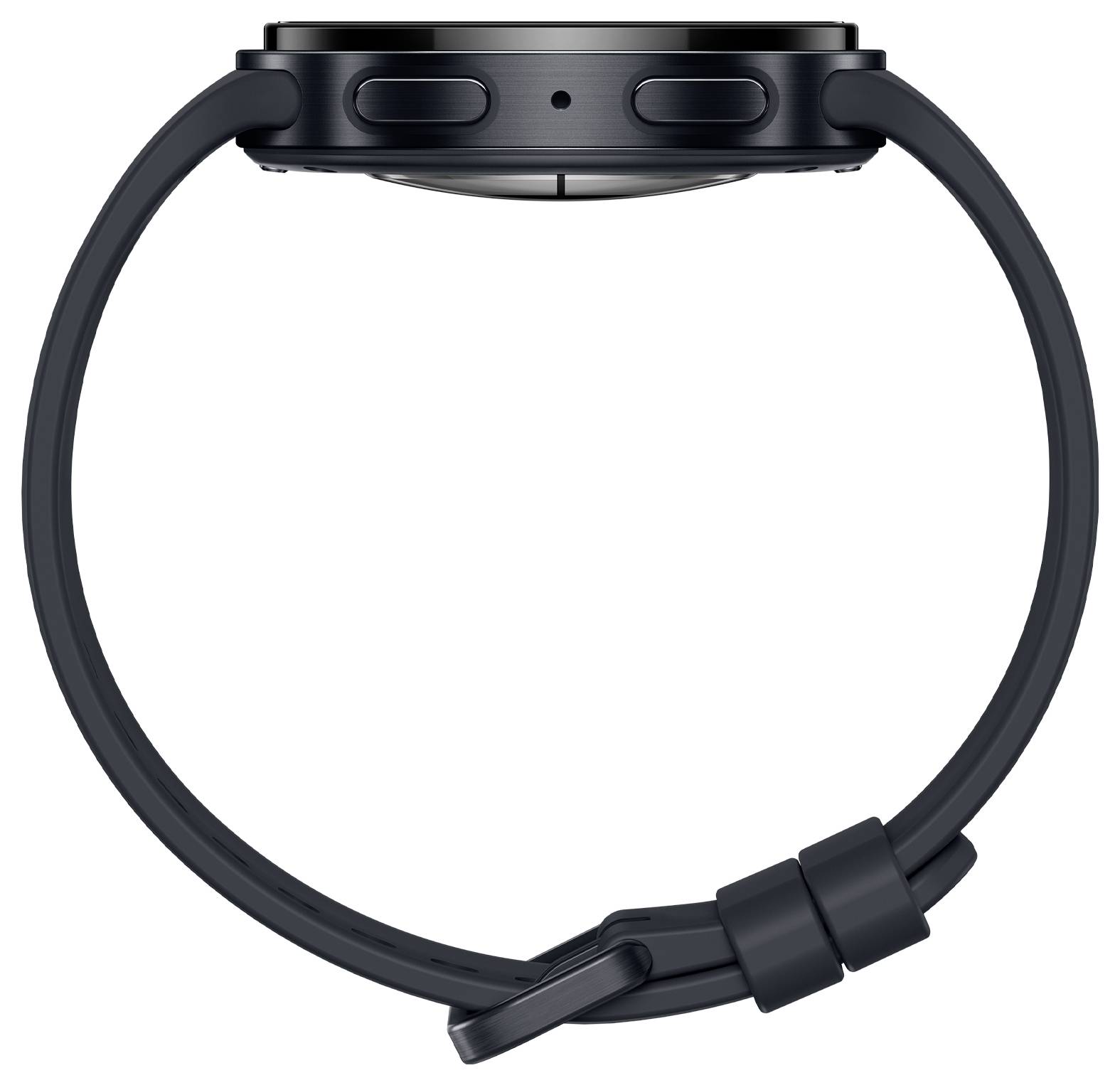 Schwarze Smartwatch in Seitenansicht mit rundem Display und Silikonarmband vor weißem Hintergrund.