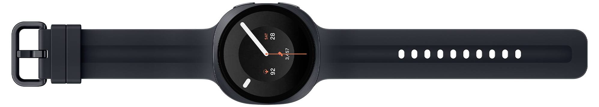 Schwarze Fitness-Smartwatch mit rundem, analog wirkendem Display, schwarzem Silikonarmband und Schnallenverschluss auf weißem Hintergrund.