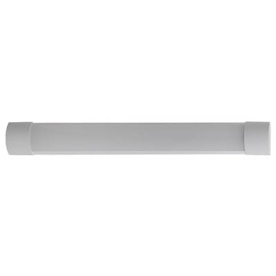 Eine horizontale silberne zylindrische Leuchte oder LED-Leiste mit abgerundeten Endkappen, zentriert auf weißem Hintergrund.