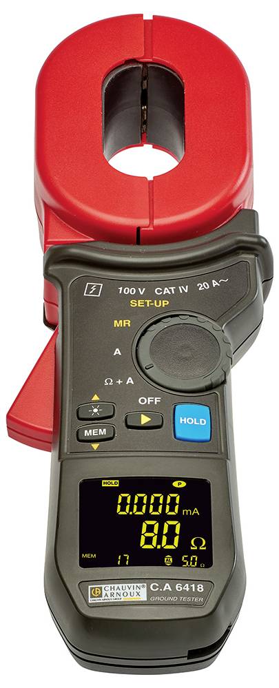 Stromzange mit offener roter Zange und Display, das '000.0 mA' und '8.0 Ω' anzeigt, mit Beschriftungen für Einstellungs- und Messteuerungen.