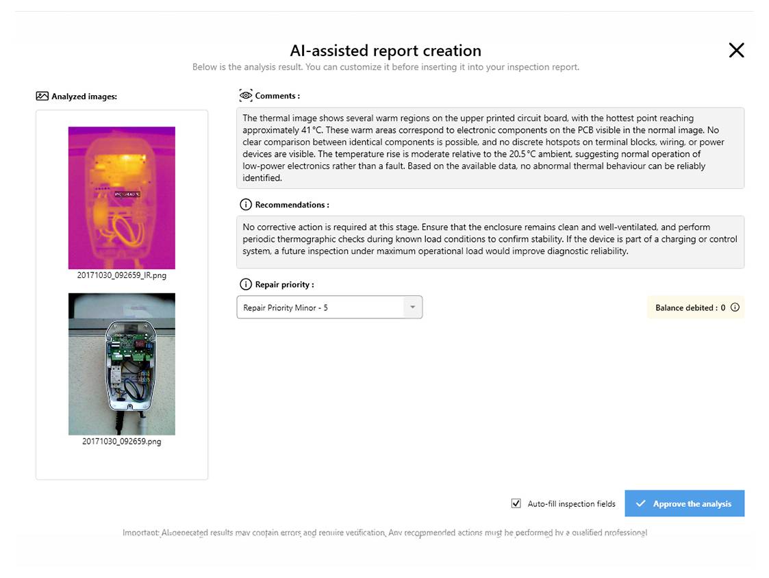 Bildschirm zur KI-gestützten Berichtserstellung mit analysierten Bildern, einer Wärmekamera-Wärmekarte und einem geöffneten Foto eines Elektropanels, sowie Abschnitten für Kommentare, Empfehlungen und Reparaturpriorität.