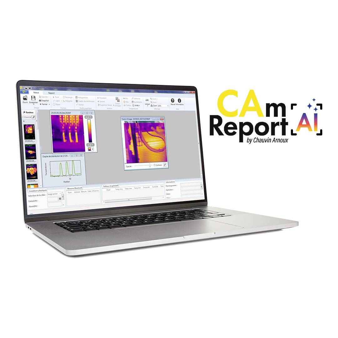 Laptop mit CAM Report AI-Software anzeigend Wärmebild und Diagramm; Logo „CAM Report AI" von Chauvin Arnoux daneben.