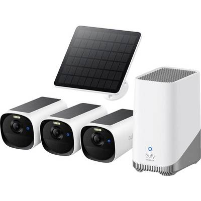Kabelloses Sicherheitskamera-System mit drei Außenkameras und einem Solarpanel sowie einer weißen Basis-Station-Hub.