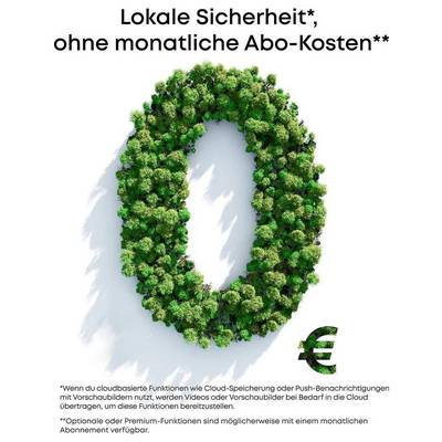 Grüner Baumring in Form einer Null mit Euro-Symbol, das „Lokale Sicherheit, ohne monatliche Abo-Kosten" bewirbt – Cloud-Sicherheit ohne monatliche Abonnementgebühren.