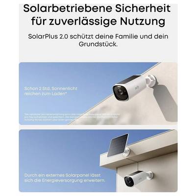 Werbeplakat für SolarPlus 2.0 mit Solar-Überwachungskamera: 'Solarbetriebene Sicherheit für zuverlässige Nutzung' und Hinweis auf Laden nach 2 Stunden Sonnenlicht sowie erweiterbare Energieversorgung durch externes Solarpanel.