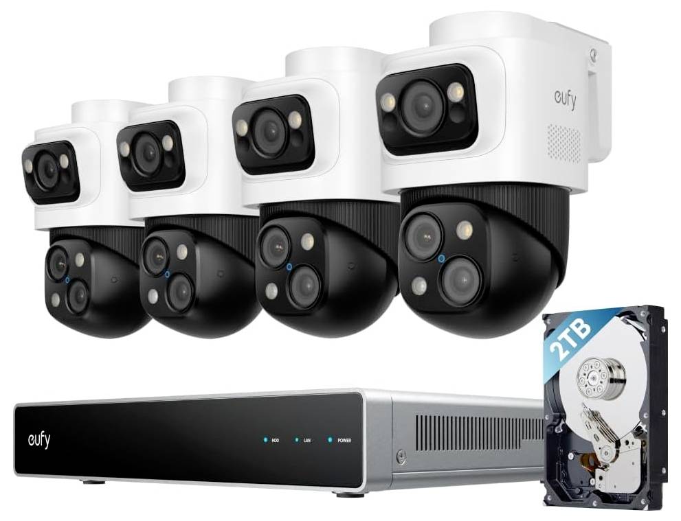 Eufy-Sicherheitssystem mit vier Dual-Linsen-Kameras, einer Rekordereinheit und einer 2-TB-Festplatte.