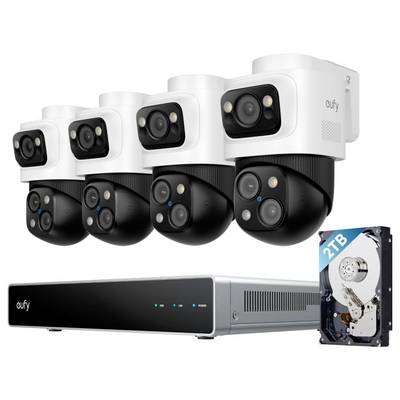 Eufy-Sicherheitssystem mit vier Dual-Linsen-Kameras, einer Rekordereinheit und einer 2-TB-Festplatte.