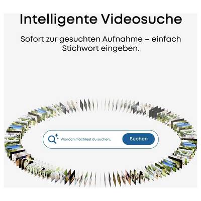 Werbegrafik für „Intelligente Videosuche" mit einer zentralen Suchleiste mit der Beschriftung „Wonach möchtest du suchen..." und einer Schaltfläche „Suchen", umgeben von Video-Thumbnails.