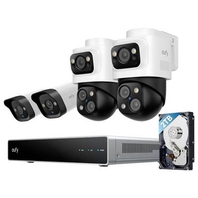 Eufy-Sicherheitskamerasystem mit zwei weiß-schwarzen Kameras, zwei schwarzen Kameras, einem DVR-/NVR-Rekorder und einer 2-TB-Festplatte.
