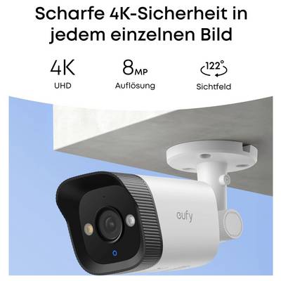 Eufy Sicherheitskamera-Anzeige mit 4K UHD, 8 MP Auflösung und 122° Sichtfeld unter der Überschrift „Scharfe 4K-Sicherheit in jedem einzelnen Bild".