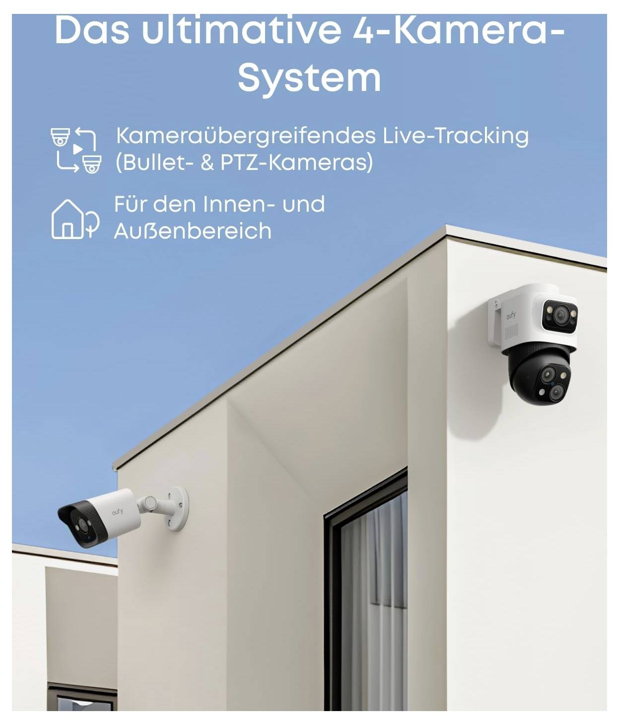 Werbebild eines modernen Hauses mit vier Sicherheitskameras, gekennzeichnet auf Deutsch als „Das ultimative 4-Kamera-System" für kameraübergreifende Live-Verfolgung im Innen- und Außenbereich.