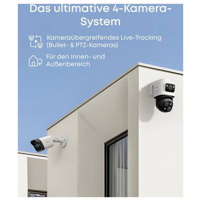 Werbebild eines modernen Hauses mit vier Sicherheitskameras, gekennzeichnet auf Deutsch als „Das ultimative 4-Kamera-System" für kameraübergreifende Live-Verfolgung im Innen- und Außenbereich.