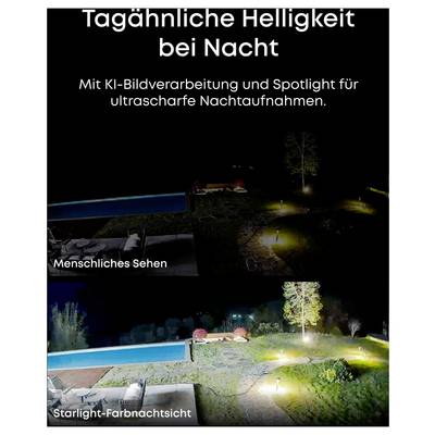 Vergleich der nächtlichen Helligkeit: oben zeigt menschliches Sehen, dunkel und verschwommen; unten zeigt nächtliche Sternenlicht-Farbansicht, heller und schärfer.