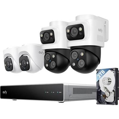 Eufy-Sicherheitskamerasystem mit mehreren Innen- und Außenkameras, einem zentralen Rekorder und einer 2-TB-Festplatte zur Videospeicherung.