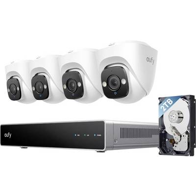 Eufy-Sicherheitskamerasystem mit vier Außenkameras, einer Aufzeichnungseinheit und einer 2-TB-Festplatte zur Videospeicherung.