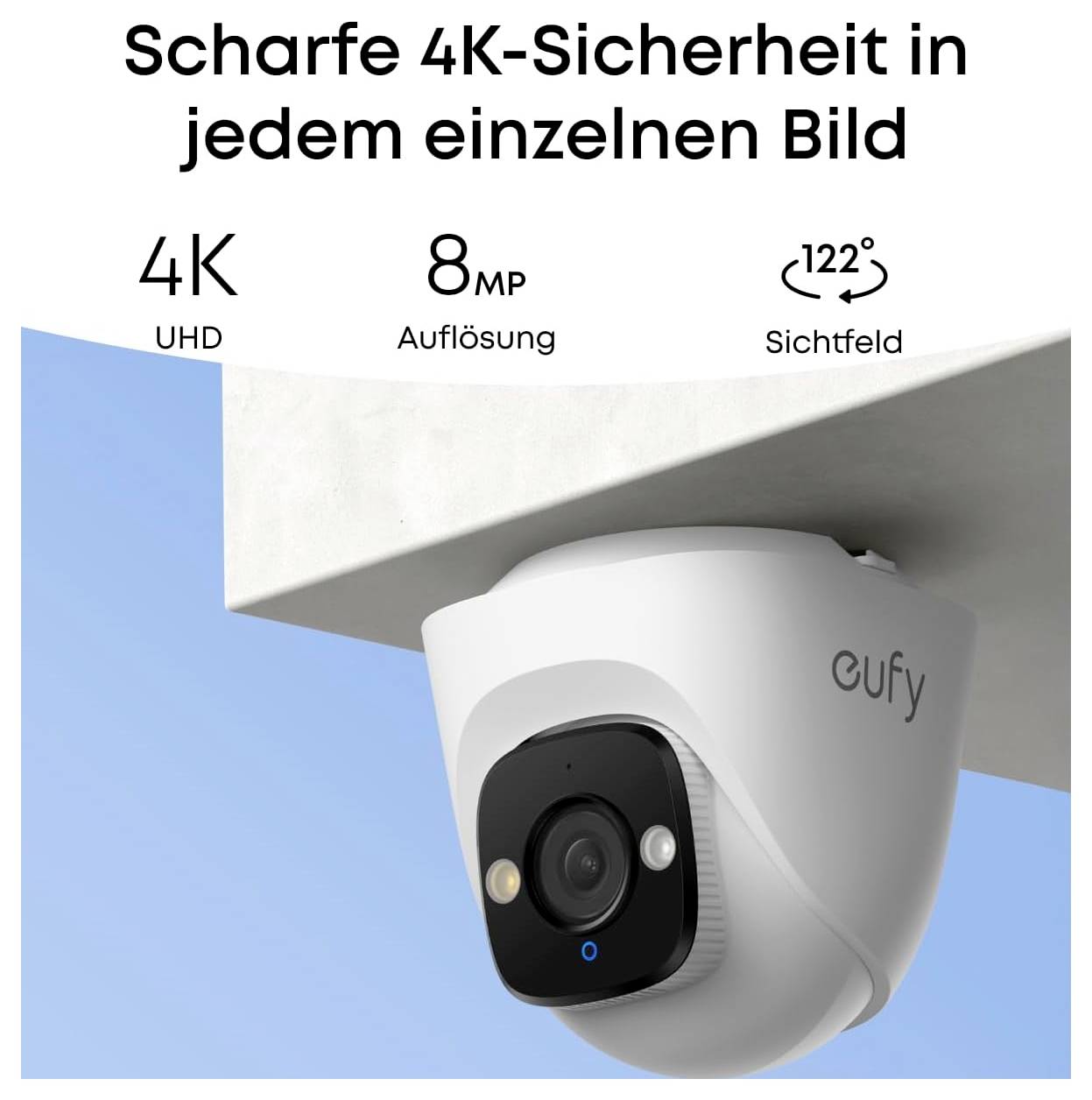 Werbebild einer eufy-Sicherheitskamera mit „4K UHD", „8 MP Auflösung" und „122° Sichtfeld" für scharfe, weitwinklige Überwachung.