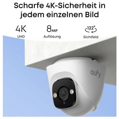 Werbebild einer eufy-Sicherheitskamera mit „4K UHD", „8 MP Auflösung" und „122° Sichtfeld" für scharfe, weitwinklige Überwachung.