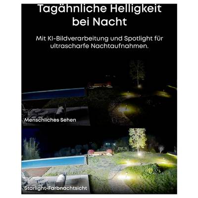 Vergleichsbild mit „Tagähnlicher Helligkeit bei Nacht" mit KI-Bildverarbeitung und Scheinwerfer für ultrascharfe Nachtaufnahmen, kontrastierend mit „Menschlichem Sehen" und „Starlight-Farbnachtsicht".