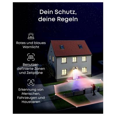 # Dein Schutz, deine Regeln<br><br>Ein Haus nachts mit roten und blauen Warnlichtzonen, geplanten geschützten Bereichen und Erkennung von Personen, Fahrzeugen und Haustieren.