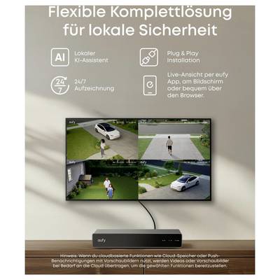 Deutsches Sicherheitssystem mit lokalem KI-Assistent, Plug-and-Play-Installation, 24/7-Aufzeichnung und Live-Anzeige über App, Monitor oder Browser.