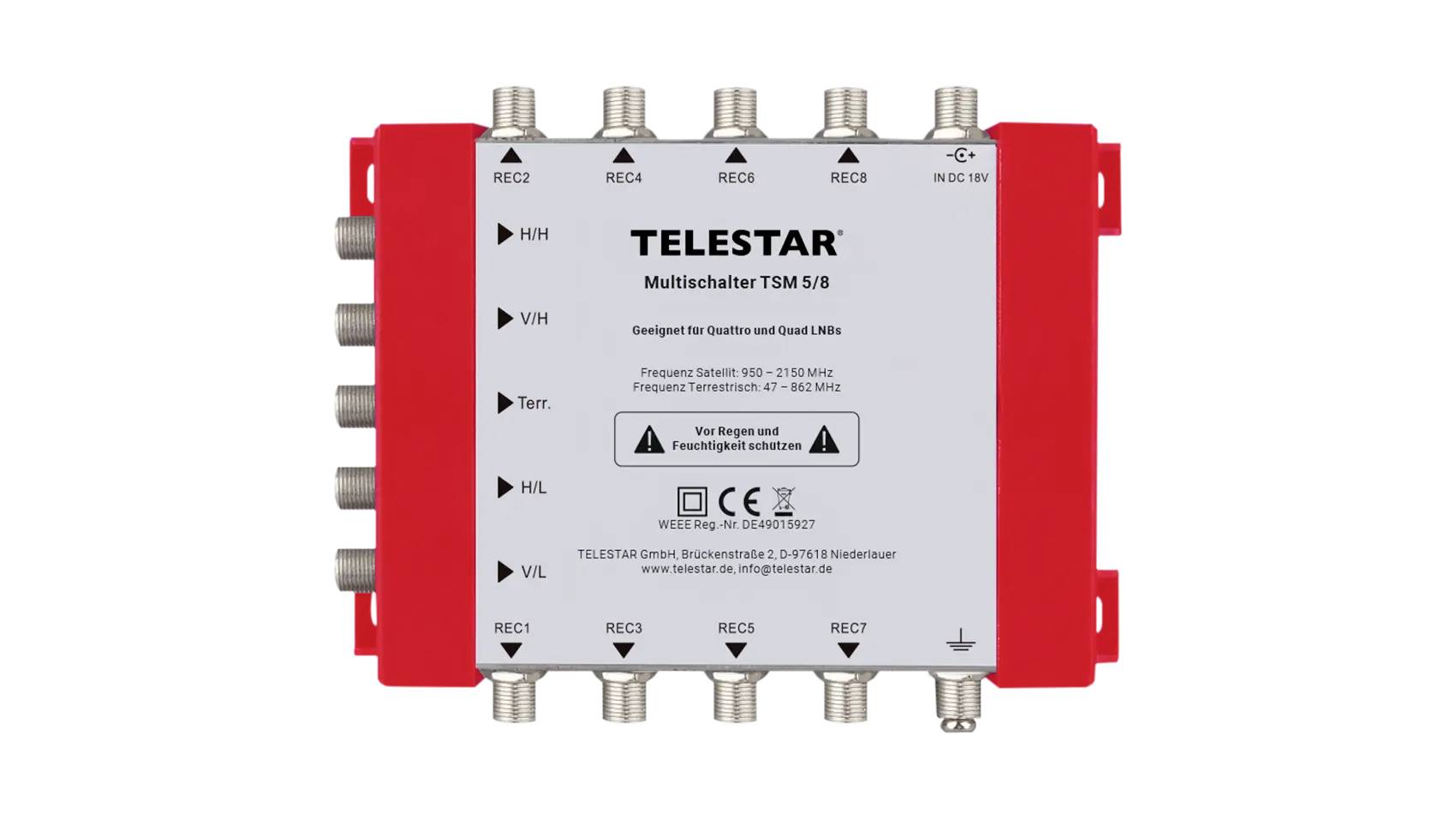 Telestar-Multischalter-Modul mit rotem Gehäuse und mehreren Koaxialsteckern zur Verteilung von Satellit-/TV-Signalen.