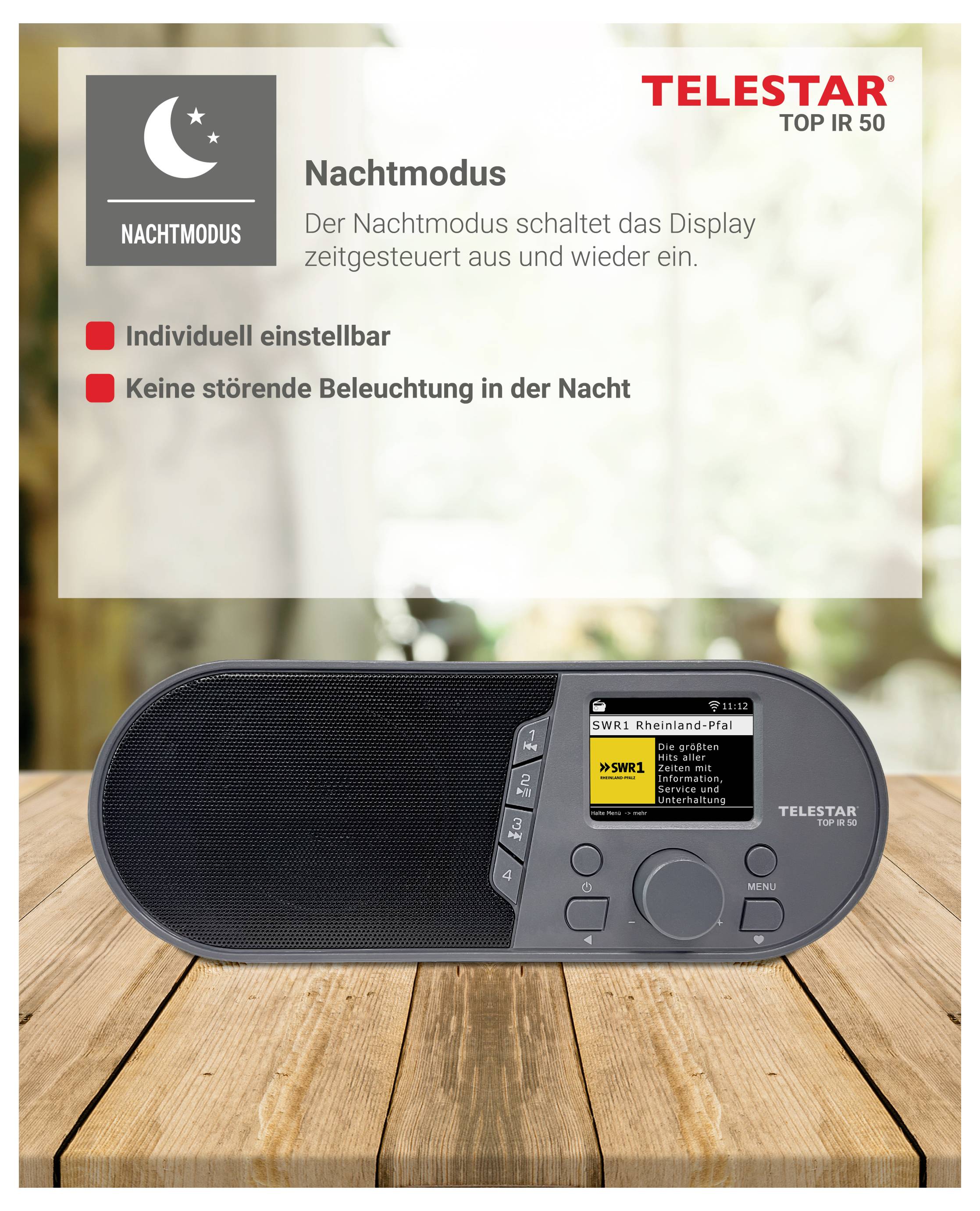 TELESTAR TOP IR 50 Radio bewirbt einen Nachtmodus, der die Anzeige nach einem Zeitplan aus- und einschaltet; er ist individuell einstellbar und nachts nicht störend.