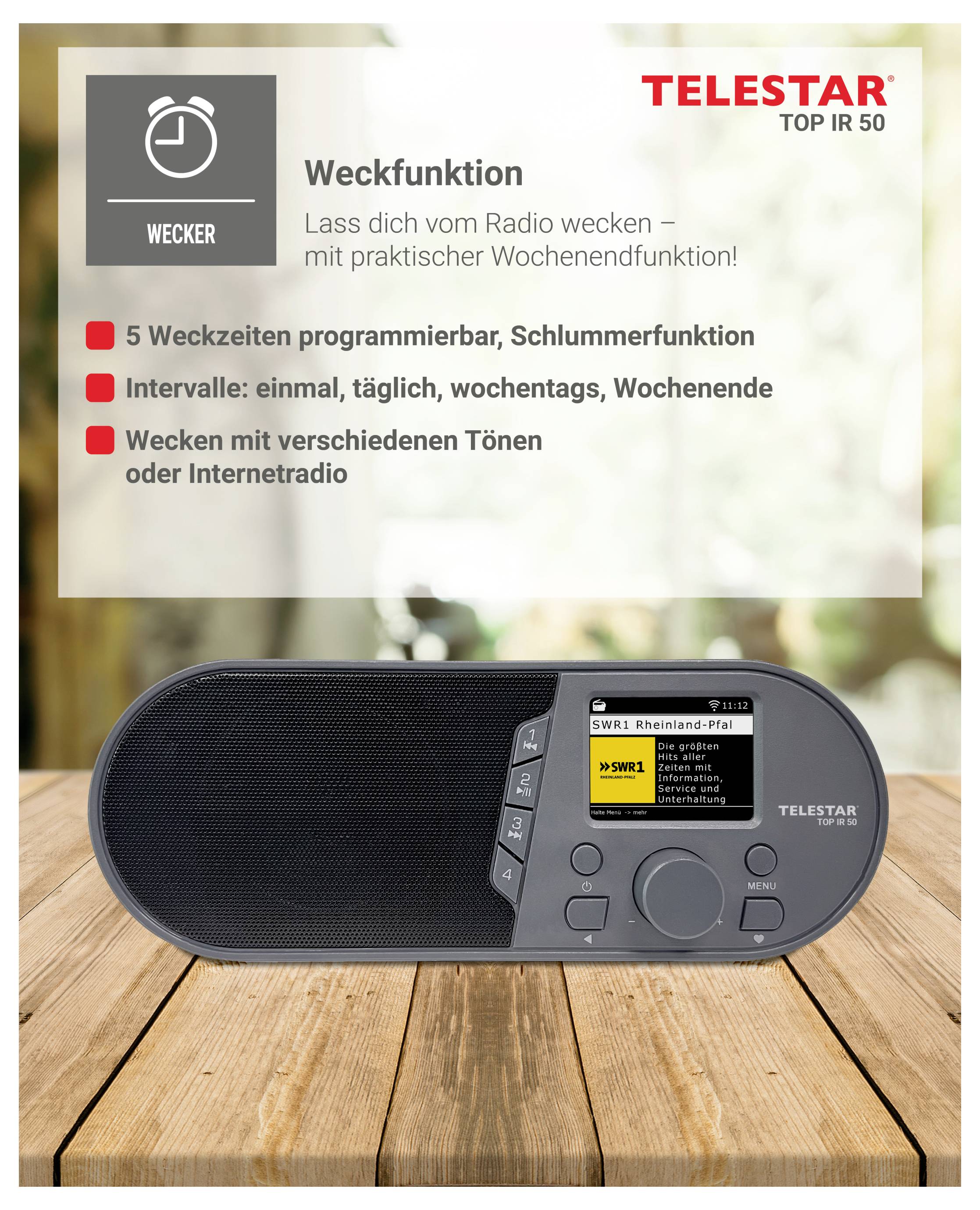 Telestar TOP IR 50 Digitalradio mit Weckfunktion, mit fünf programmierbaren Weckzeiten, Schlummerfunktion und Weck-Optionen für Radio- oder Internetstationen.