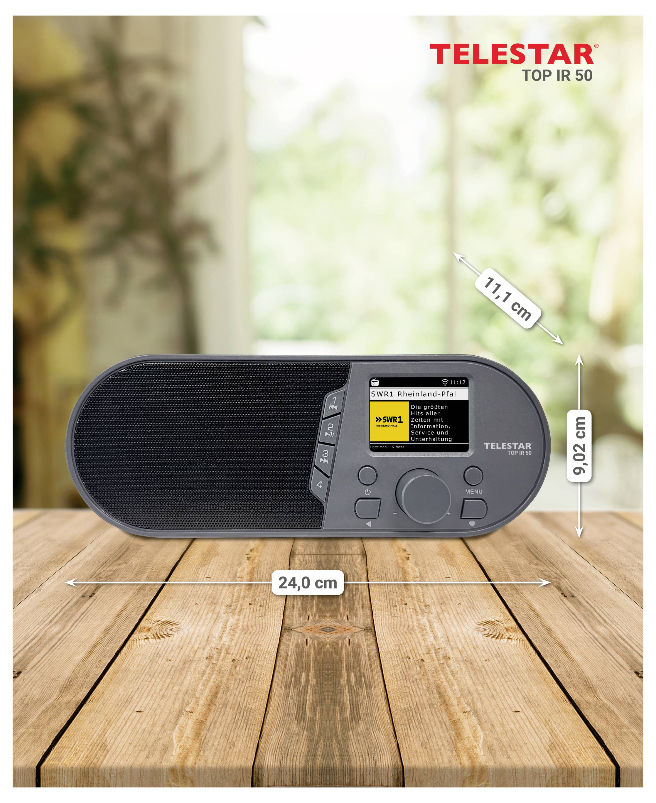 Telestar Top IR 50 Radio auf einem Holztisch, gezeigt mit Abmessungen von 24,0 cm Breite, 9,02 cm Höhe und 11,1 cm Tiefe.
