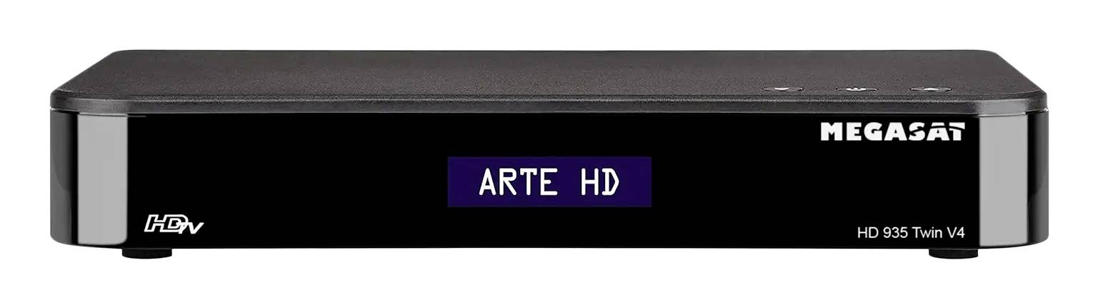 Frontansicht eines schwarzen MEGASAT HD 935 Twin V4 Satellitenempfängers mit "ARTE HD" auf dem vorderen Display angezeigt.