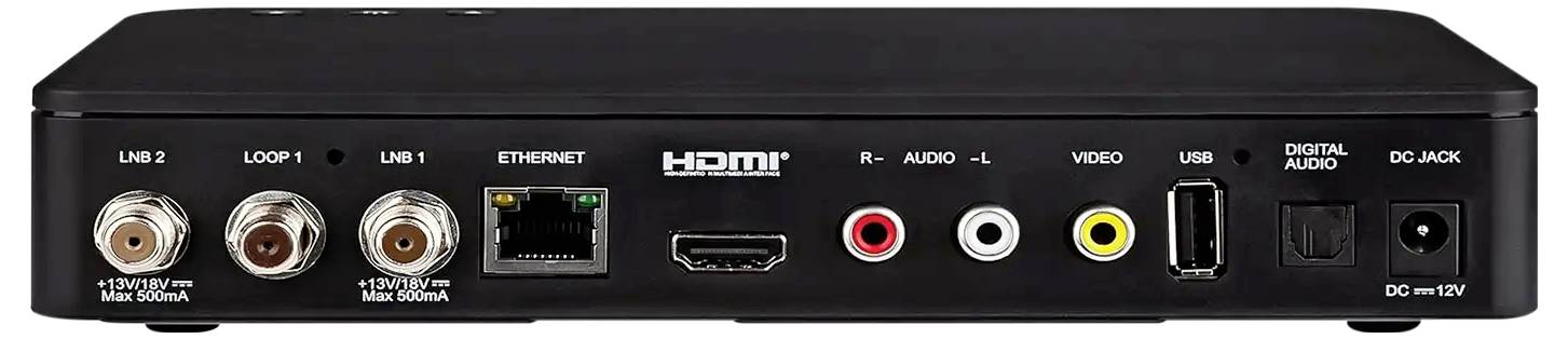 Rückansicht eines Geräts mit Ein-/Ausgangsanschlüssen: LNB 1, LOOP 1, LNB 2, Ethernet, HDMI, R-AUDIO-L, VIDEO, USB, digitales Audio und Gleichstrombuchse.