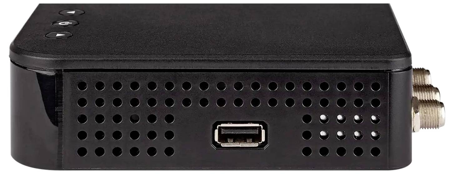 Schwarzes elektronisches Gerät von vorne betrachtet, mit Lüftungslöchern, einem zentrierten USB-Anschluss, oberen Indikatorschaltflächen und einem koaxialen Stecker auf der rechten Seite.