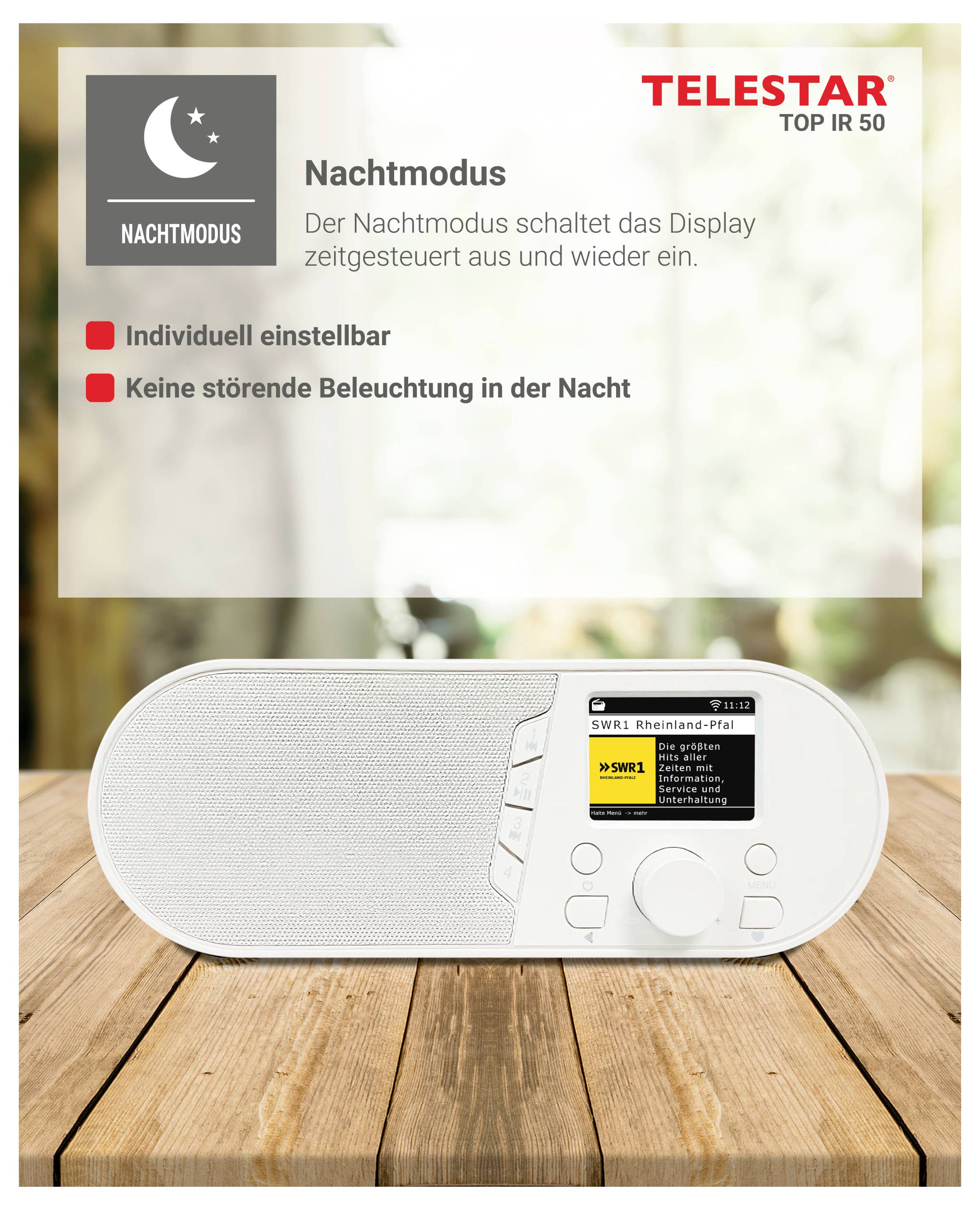 TELESTAR Top IR 50 Radio mit dem Feature "Nachtmodus" dargestellt, das anzeigt, dass sich das Display nach einem Timer ausschaltet; verspricht einstellbare und keine störende nächtliche Beleuchtung.